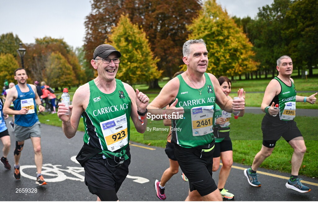 29 October 2023; Paschal Larney from Monaghan, left, and Diarmuid O'Reilly from Monaghan, during the 2023 Irish Life Dublin Marathon. Thousands of runners took to the Fitzwilliam Square start line, to participate in the 42nd running of the Dublin Marathon. Photo by Ramsey Cardy/Sportsfile