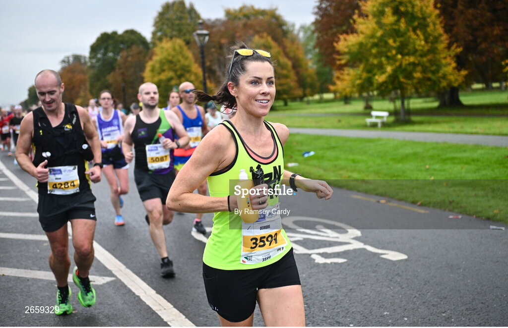 29 October 2023; Deirdre Pearson from Dublin during the 2023 Irish Life Dublin Marathon. Thousands of runners took to the Fitzwilliam Square start line, to participate in the 42nd running of the Dublin Marathon. Photo by Ramsey Cardy/Sportsfile