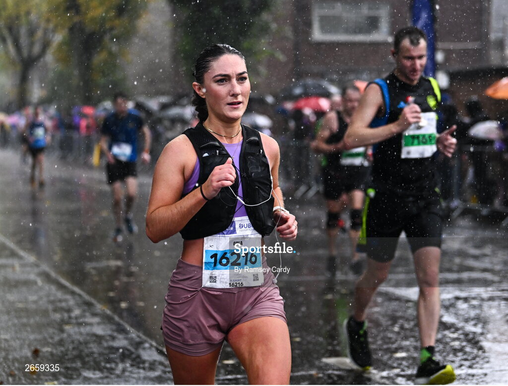 29 October 2023; Orla McGovern from Dublin 7 during the 2023 Irish Life Dublin Marathon. Thousands of runners took to the Fitzwilliam Square start line, to participate in the 42nd running of the Dublin Marathon. Photo by Ramsey Cardy/Sportsfile