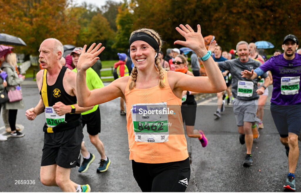 29 October 2023; Tracy Swift from Tyrone during the 2023 Irish Life Dublin Marathon. Thousands of runners took to the Fitzwilliam Square start line, to participate in the 42nd running of the Dublin Marathon. Photo by Ramsey Cardy/Sportsfile