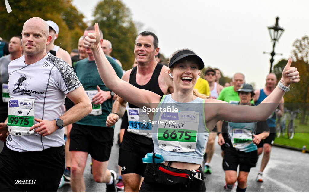 29 October 2023; Mary Wrixon from Dublin during the 2023 Irish Life Dublin Marathon. Thousands of runners took to the Fitzwilliam Square start line, to participate in the 42nd running of the Dublin Marathon. Photo by Ramsey Cardy/Sportsfile