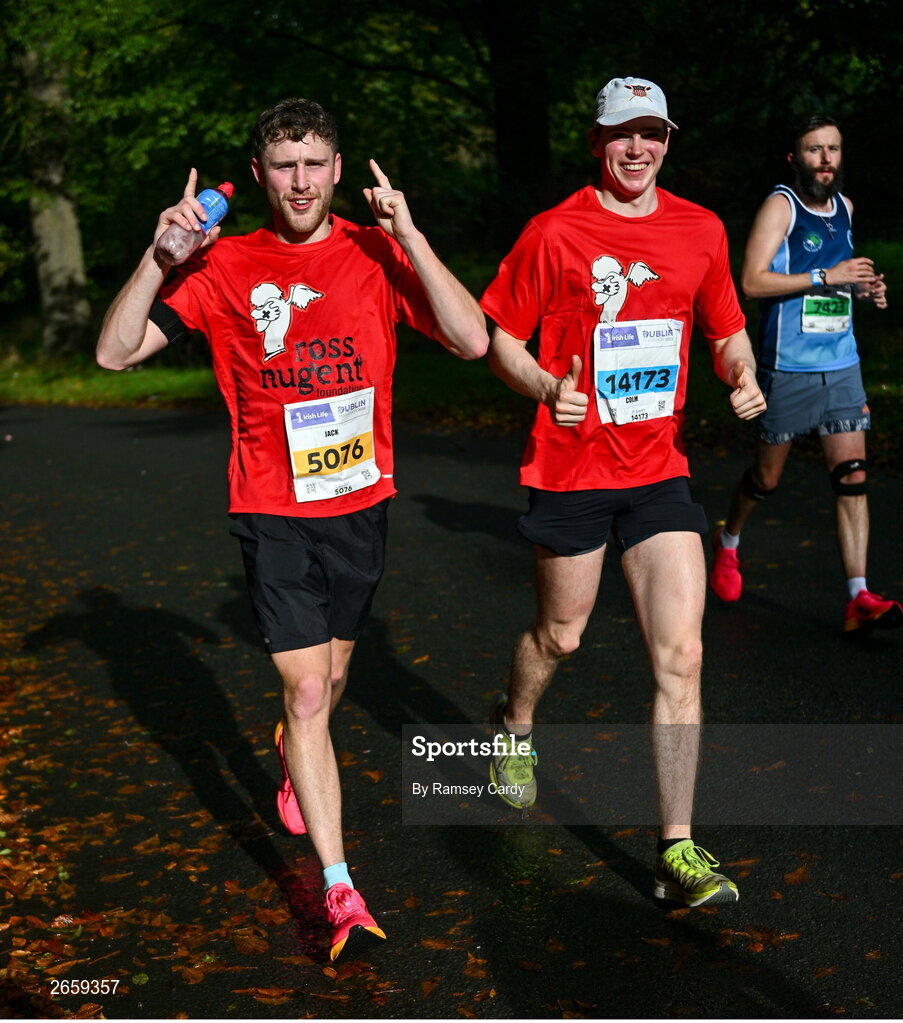 29 October 2023; Jack Butler and Colm Butler from Kildare, during the 2023 Irish Life Dublin Marathon. Thousands of runners took to the Fitzwilliam Square start line, to participate in the 42nd running of the Dublin Marathon. Photo by Ramsey Cardy/Sportsfile