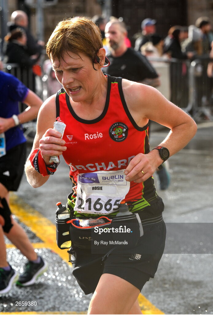 29 October 2023; Rosie Mallon from Tyrone during the 2023 Irish Life Dublin Marathon. Thousands of runners took to the Fitzwilliam Square start line, to participate in the 42nd running of the Dublin Marathon. Photo by Ray McManus/Sportsfile
