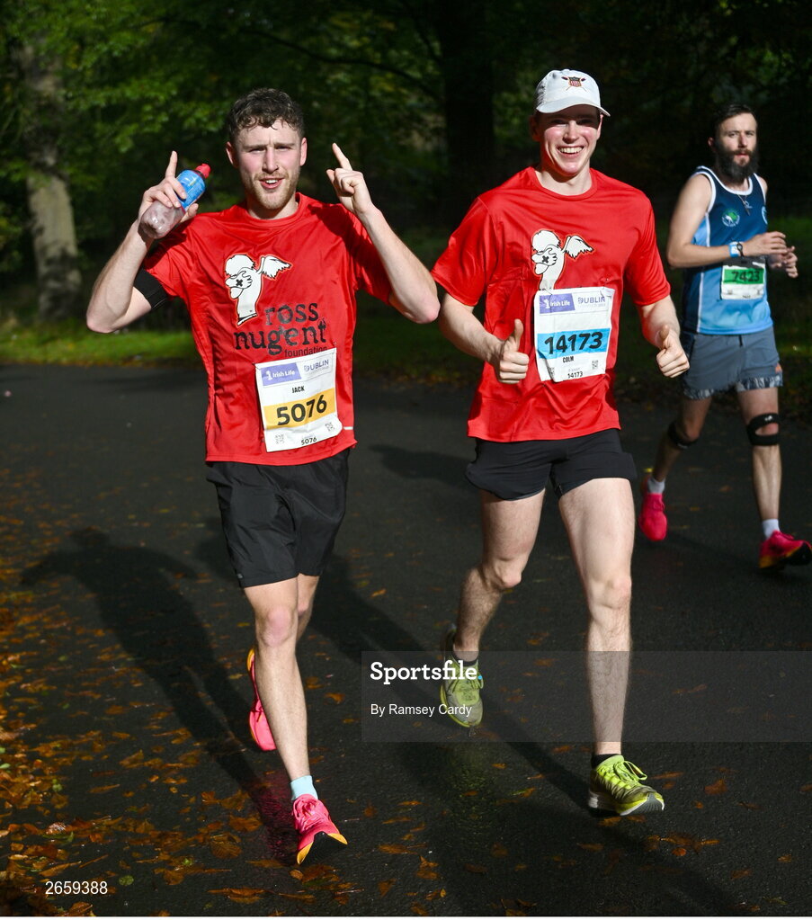 29 October 2023; Jack Butler and Colm Butler from Kildare, during the 2023 Irish Life Dublin Marathon. Thousands of runners took to the Fitzwilliam Square start line, to participate in the 42nd running of the Dublin Marathon. Photo by Ramsey Cardy/Sportsfile