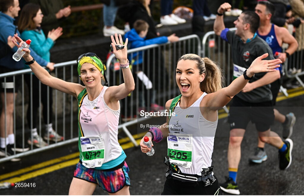 29 October 2023; Eileen O'Toole, right, and Dunlaith Ward from Wicklow, during the 2023 Irish Life Dublin Marathon. Thousands of runners took to the Fitzwilliam Square start line, to participate in the 42nd running of the Dublin Marathon. Photo by Ramsey Cardy/Sportsfile