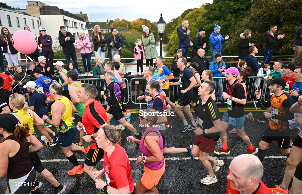 29 October 2023; Participants in Chapelizod during the 2023 Irish Life Dublin Marathon. Thousands of runners took to the Fitzwilliam Square start line, to participate in the 42nd running of the Dublin Marathon. Photo by Ramsey Cardy/Sportsfile