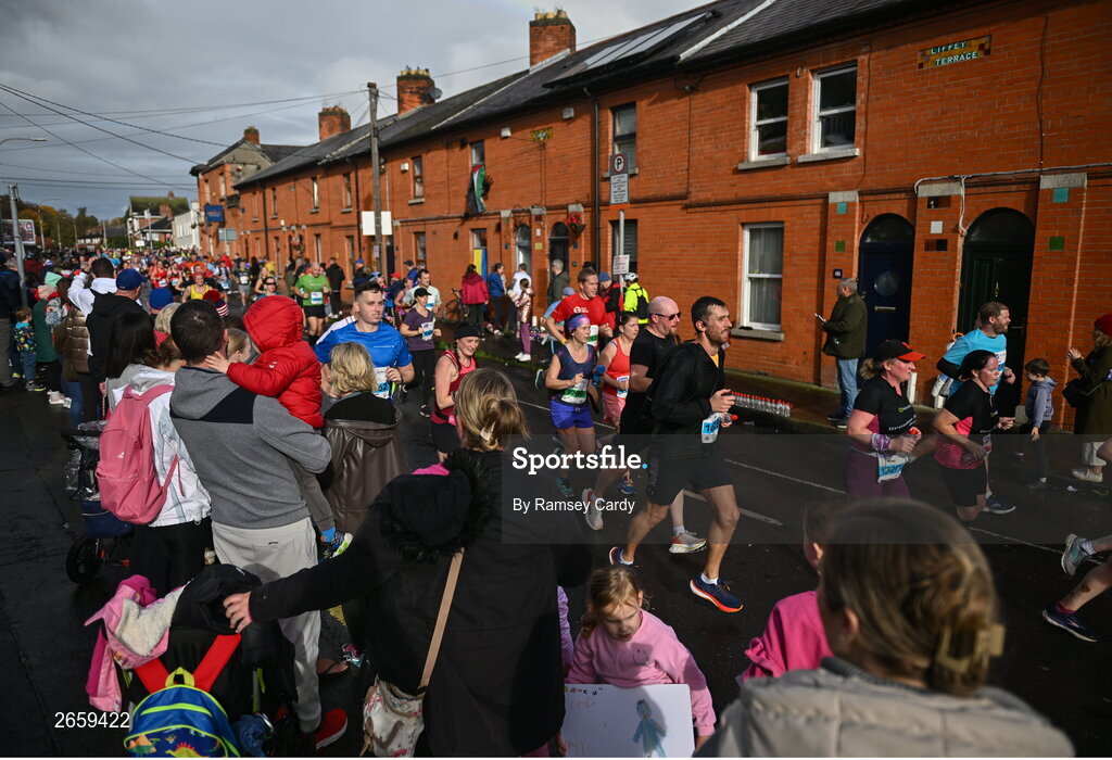 29 October 2023; Participants pass through Chapelizod during the 2023 Irish Life Dublin Marathon. Thousands of runners took to the Fitzwilliam Square start line, to participate in the 42nd running of the Dublin Marathon. Photo by Ramsey Cardy/Sportsfile