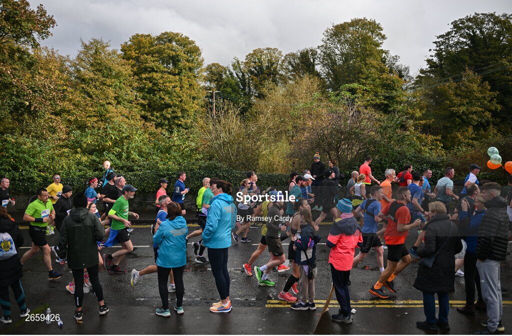29 October 2023; Participants pass through Chapelizod during the 2023 Irish Life Dublin Marathon. Thousands of runners took to the Fitzwilliam Square start line, to participate in the 42nd running of the Dublin Marathon. Photo by Ramsey Cardy/Sportsfile