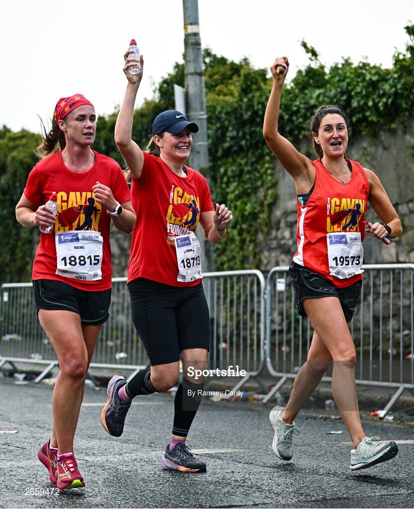 29 October 2023; Rachel Wright from Wicklow, left, Susan Anderson from Wicklow, and Colette Dearey from Monaghan, during the 2023 Irish Life Dublin Marathon. Thousands of runners took to the Fitzwilliam Square start line, to participate in the 42nd running of the Dublin Marathon. Photo by Ramsey Cardy/Sportsfile