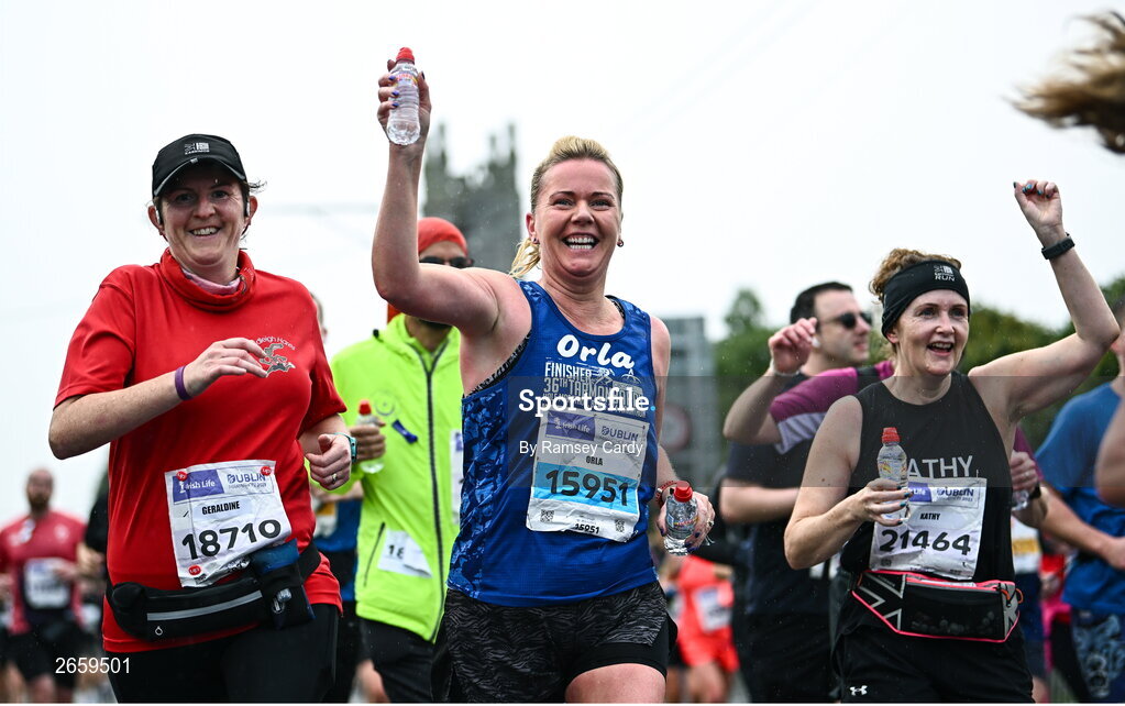 29 October 2023; Geraldine Suckling, left, and Orla Farrell from Leitrim, during the 2023 Irish Life Dublin Marathon. Thousands of runners took to the Fitzwilliam Square start line, to participate in the 42nd running of the Dublin Marathon. Photo by Ramsey Cardy/Sportsfile