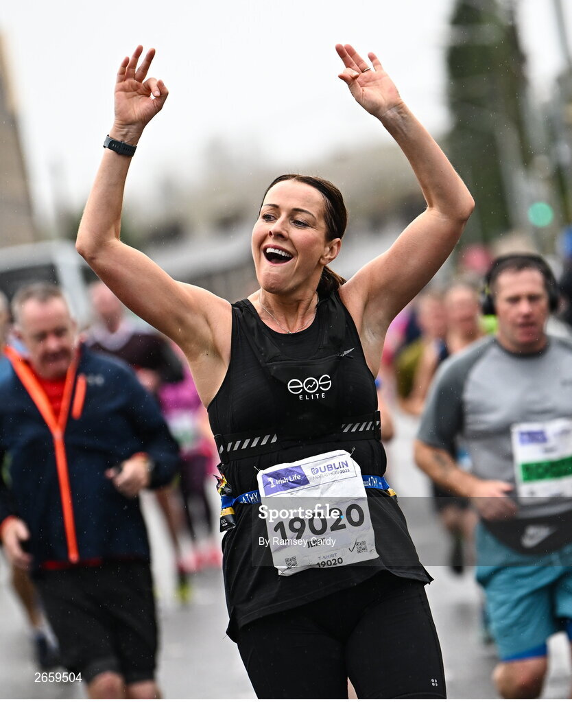 29 October 2023; Jenny Inglis O'Brien from Dublin 15, during the 2023 Irish Life Dublin Marathon. Thousands of runners took to the Fitzwilliam Square start line, to participate in the 42nd running of the Dublin Marathon. Photo by Ramsey Cardy/Sportsfile