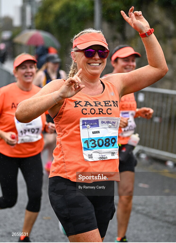 29 October 2023; Karen Kelly from Dublin during the 2023 Irish Life Dublin Marathon. Thousands of runners took to the Fitzwilliam Square start line, to participate in the 42nd running of the Dublin Marathon. Photo by Ramsey Cardy/Sportsfile