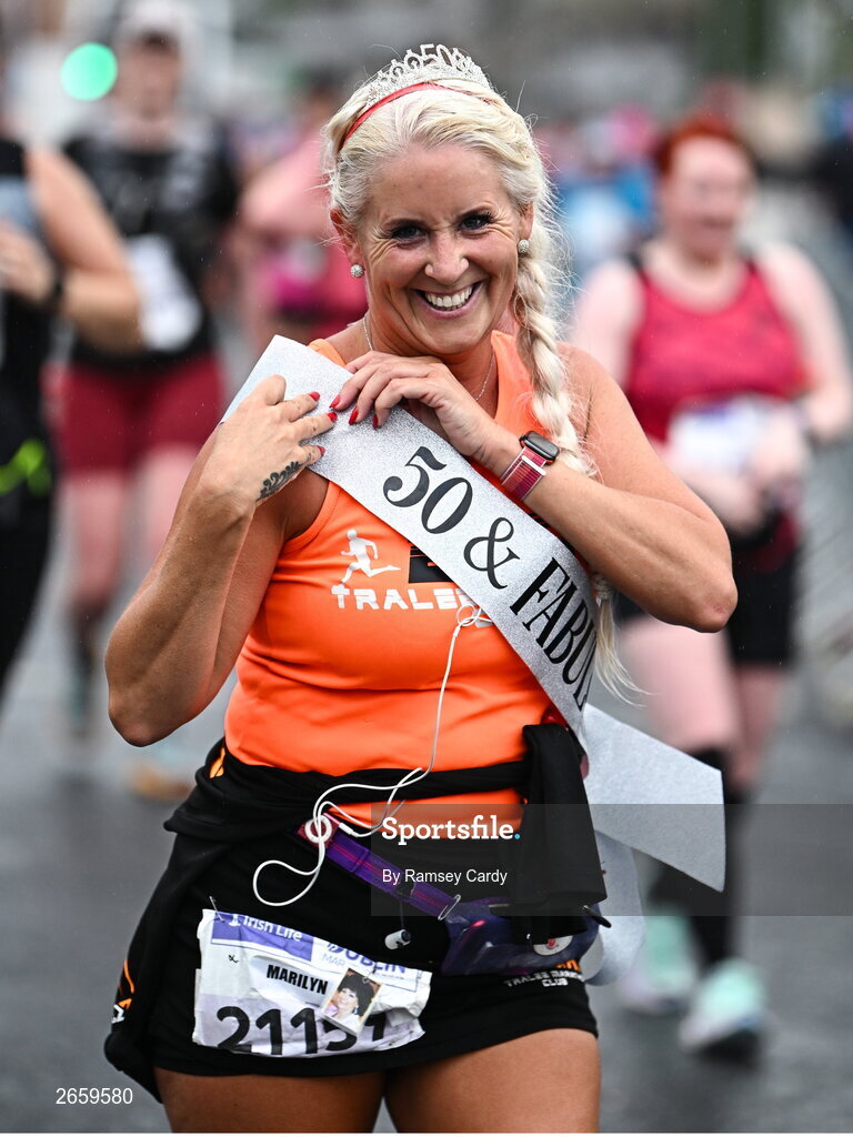 29 October 2023; Marilyn O'Shea from Kerry, during the 2023 Irish Life Dublin Marathon. Thousands of runners took to the Fitzwilliam Square start line, to participate in the 42nd running of the Dublin Marathon. Photo by Ramsey Cardy/Sportsfile