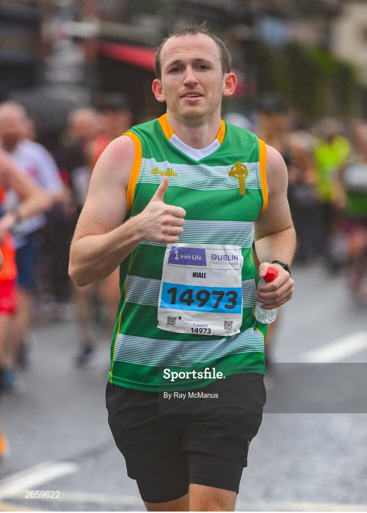 29 October 2023; Niall Olideadha from Dublin during the 2023 Irish Life Dublin Marathon. Thousands of runners took to the Fitzwilliam Square start line, to participate in the 42nd running of the Dublin Marathon. Photo by Ray McManus/Sportsfile