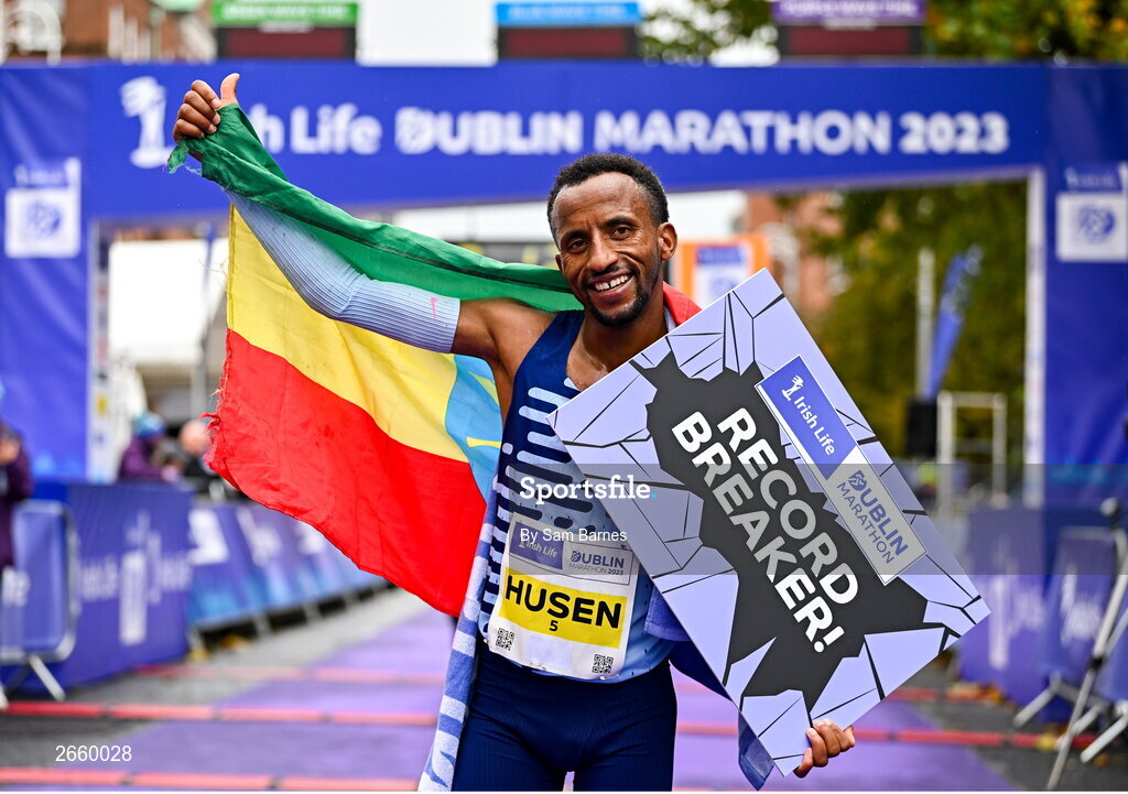 29 October 2023; Kemal Husen celebrates after winning the men's event during the 2023 Irish Life Dublin Marathon. Thousands of runners took to the Fitzwilliam Square start line, to participate in the 42nd running of the Dublin Marathon. Photo by Sam Barnes/Sportsfile