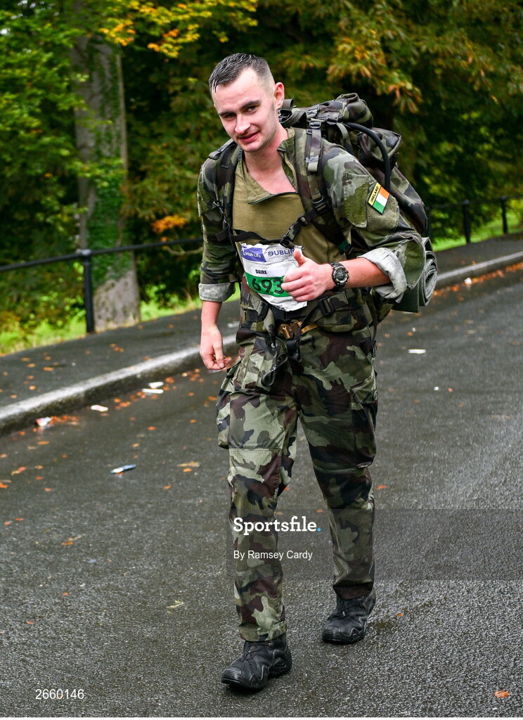 29 October 2023; Daire Power from Kildare during the 2023 Irish Life Dublin Marathon. Thousands of runners took to the Fitzwilliam Square start line, to participate in the 42nd running of the Dublin Marathon. Photo by Ramsey Cardy/Sportsfile