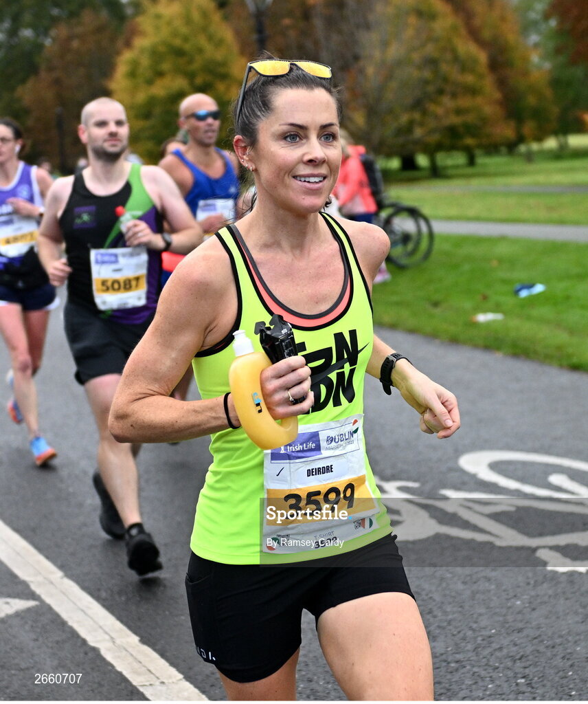 29 October 2023; Deirdre Pearson from Dublin during the 2023 Irish Life Dublin Marathon. Thousands of runners took to the Fitzwilliam Square start line, to participate in the 42nd running of the Dublin Marathon. Photo by Ramsey Cardy/Sportsfile