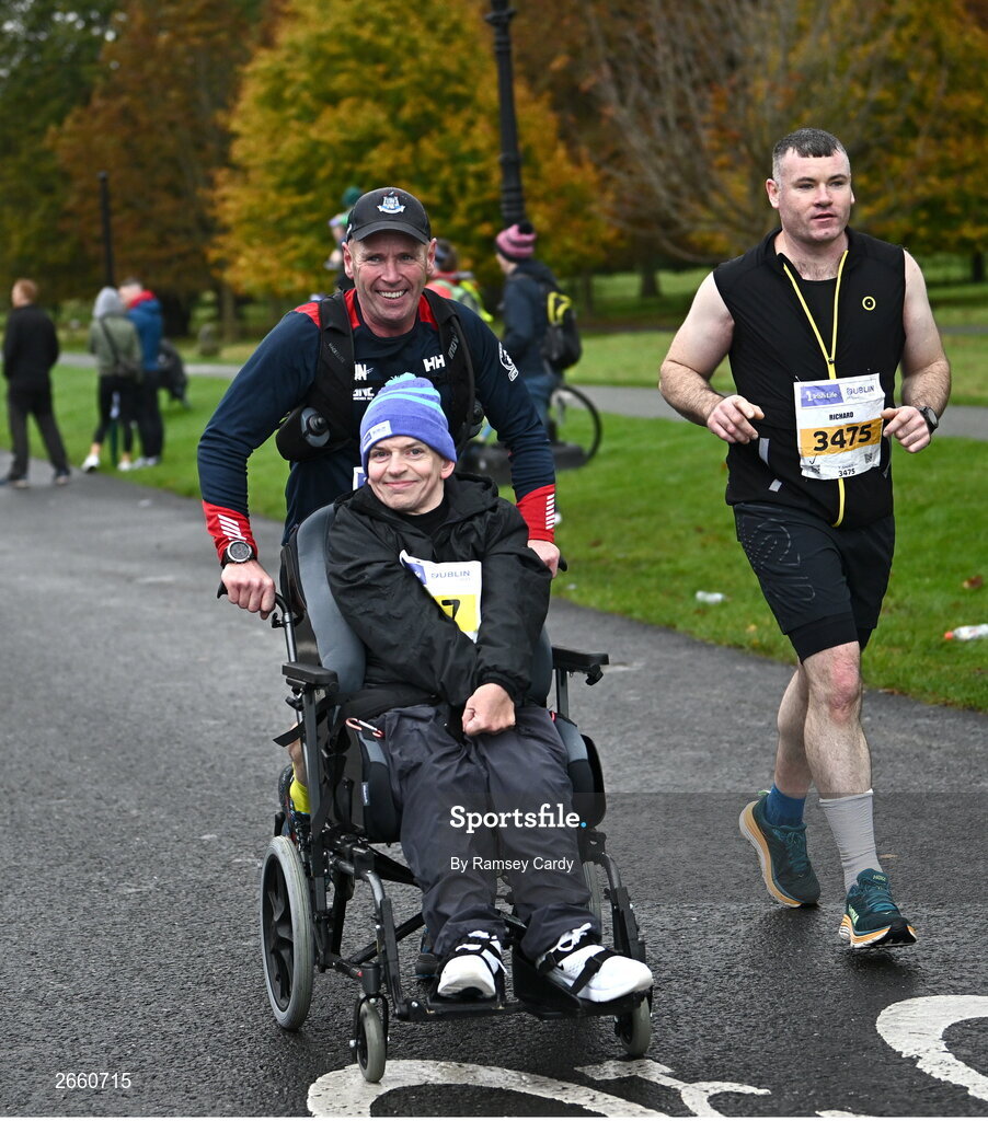 29 October 2023; Nigel McCabe from Dublin 24, and Jonathan Hennessy from Dublin 24 during the 2023 Irish Life Dublin Marathon. Thousands of runners took to the Fitzwilliam Square start line, to participate in the 42nd running of the Dublin Marathon. Photo by Ramsey Cardy/Sportsfile