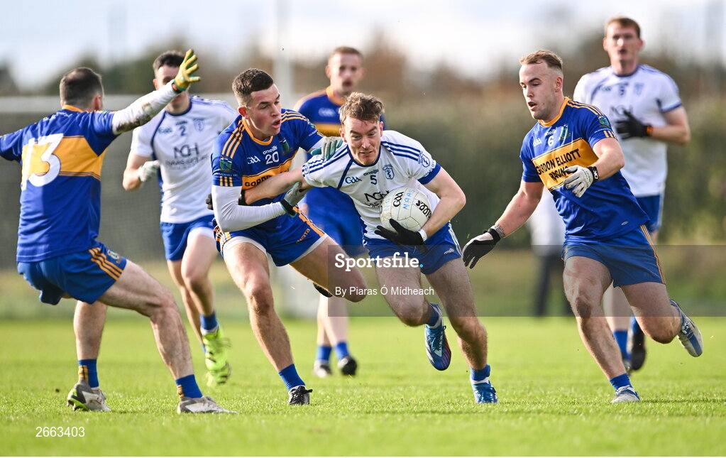 5 November 2023; Paddy McDermott of Naas in action against Diarmuid McCabe of Summerhill during the AIB Leinster GAA Football Senior Club Championship quarter-final match between Naas and Summerhill at Manguard Park in Kildare. Photo by Piaras Ó Mídheach/Sportsfile
