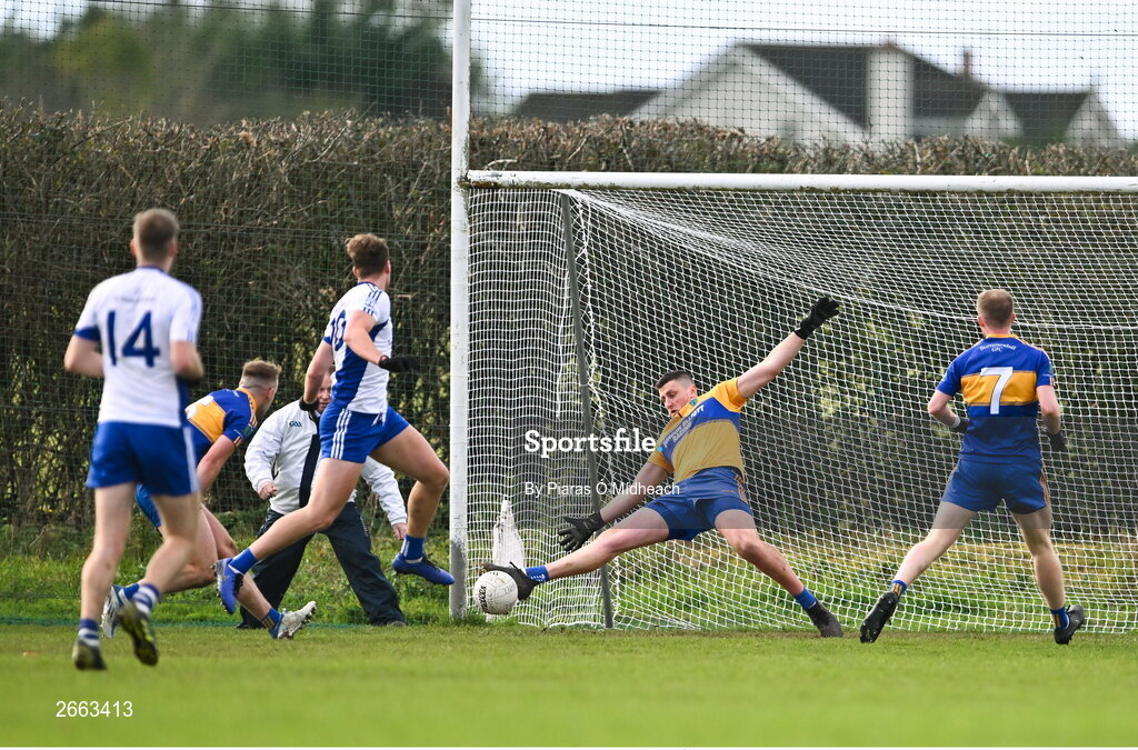 5 November 2023; Summerhill goalkeeper Seán Muddiman makes a save during the AIB Leinster GAA Football Senior Club Championship quarter-final match between Naas and Summerhill at Manguard Park in Kildare. Photo by Piaras Ó Mídheach/Sportsfile