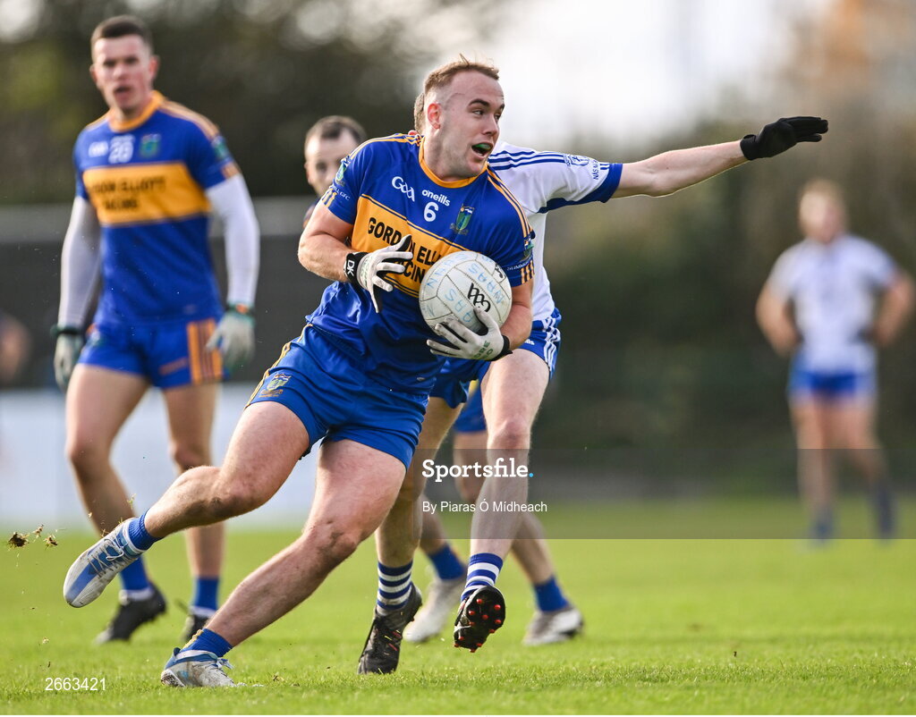 5 November 2023; Ross Ryan of Summerhill in action against Eoghan Prizeman of Naas during the AIB Leinster GAA Football Senior Club Championship quarter-final match between Naas and Summerhill at Manguard Park in Kildare. Photo by Piaras Ó Mídheach/Sportsfile