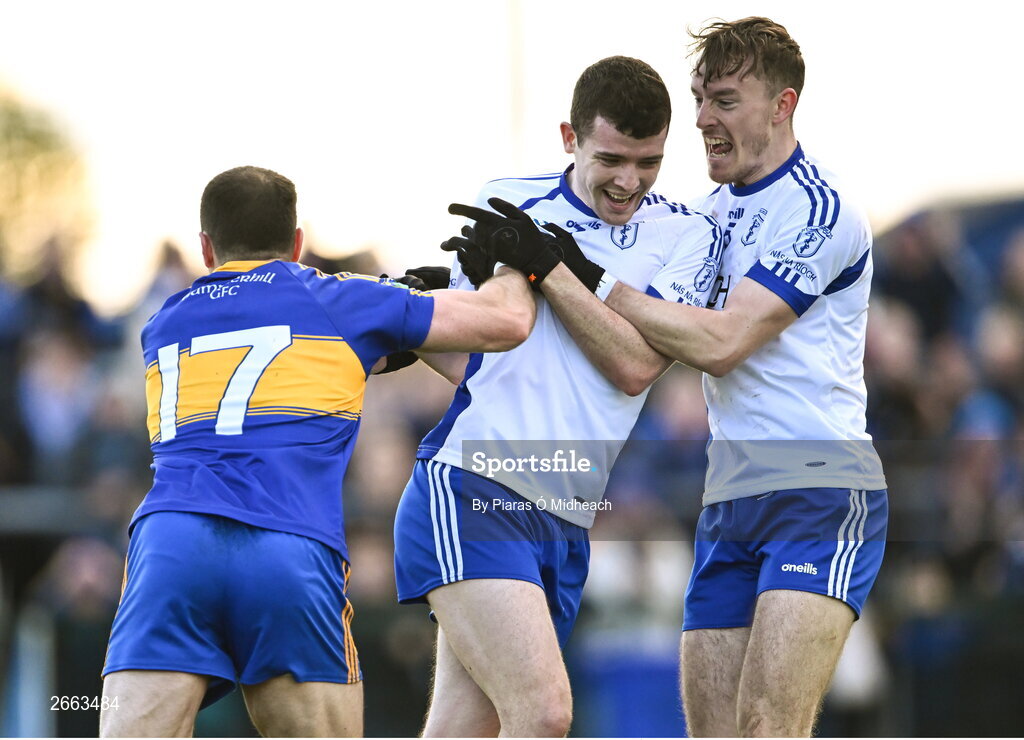 5 November 2023; Eoghan Prizeman of Naas, centre, celebrates with team-mate Paddy McDermott after scoring their side's second goal during the AIB Leinster GAA Football Senior Club Championship quarter-final match between Naas and Summerhill at Manguard Park in Kildare. Photo by Piaras Ó Mídheach/Sportsfile