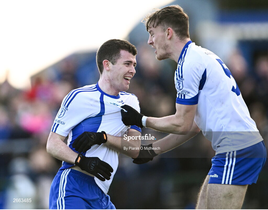 5 November 2023; Eoghan Prizeman of Naas, left, celebrates with team-mate Paddy McDermott after scoring their side's second goal during the AIB Leinster GAA Football Senior Club Championship quarter-final match between Naas and Summerhill at Manguard Park in Kildare. Photo by Piaras Ó Mídheach/Sportsfile