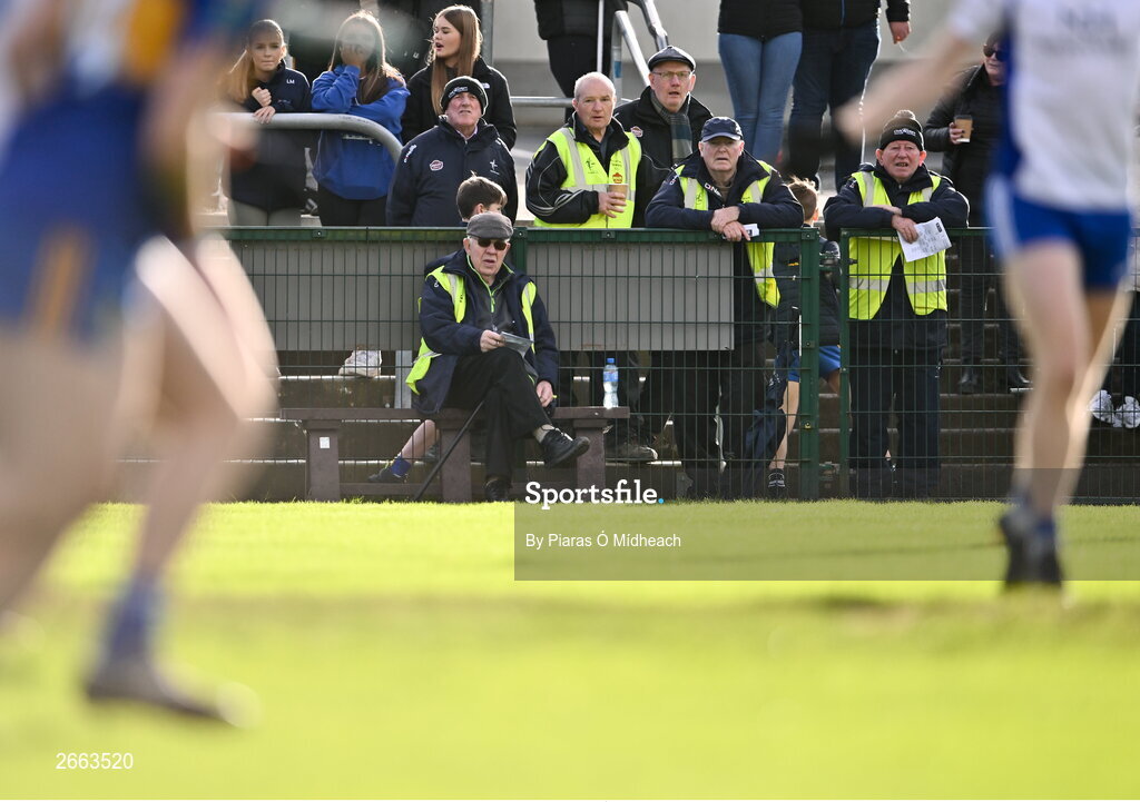 5 November 2023; Steward Tom Cross, pitchside, with fellow stewards, from left, Colm Farrell, John Goulding and Tom Dunne during the AIB Leinster GAA Football Senior Club Championship quarter-final match between Naas and Summerhill at Manguard Park in Kildare. Photo by Piaras Ó Mídheach/Sportsfile