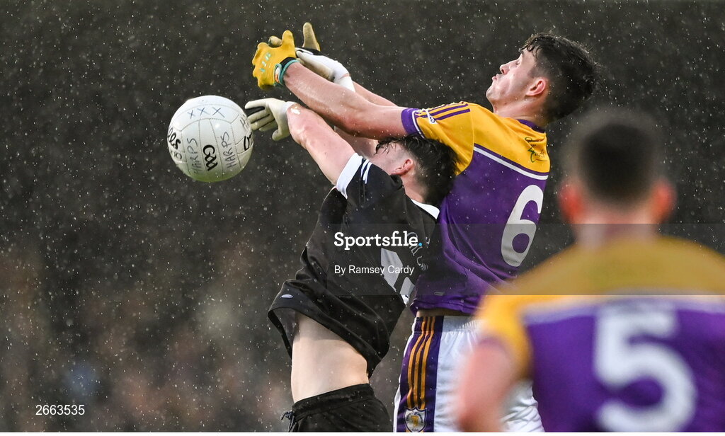 5 November 2023; Ceilum Doherty of Kilcoo in action against Rian McGovern of Derrygonnelly Harps during the AIB Ulster GAA Football Senior Club Championship round 1 match between Derrygonnelly Harps of Fermanagh and Kilcoo of Down at Brewster Park in Enniskillen, Fermanagh. Photo by Ramsey Cardy/Sportsfile