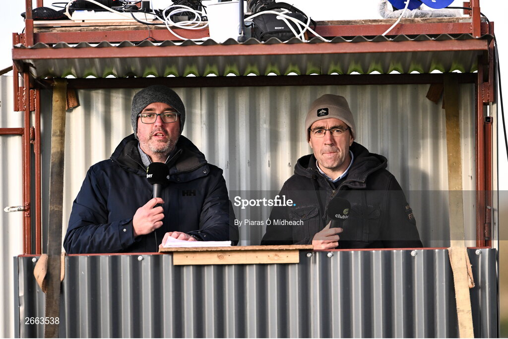 5 November 2023; Killian Whelan, left, and Johnny Doyle on commentary duty at the AIB Leinster GAA Football Senior Club Championship quarter-final match between Naas and Summerhill at Manguard Park in Kildare. Photo by Piaras Ó Mídheach/Sportsfile