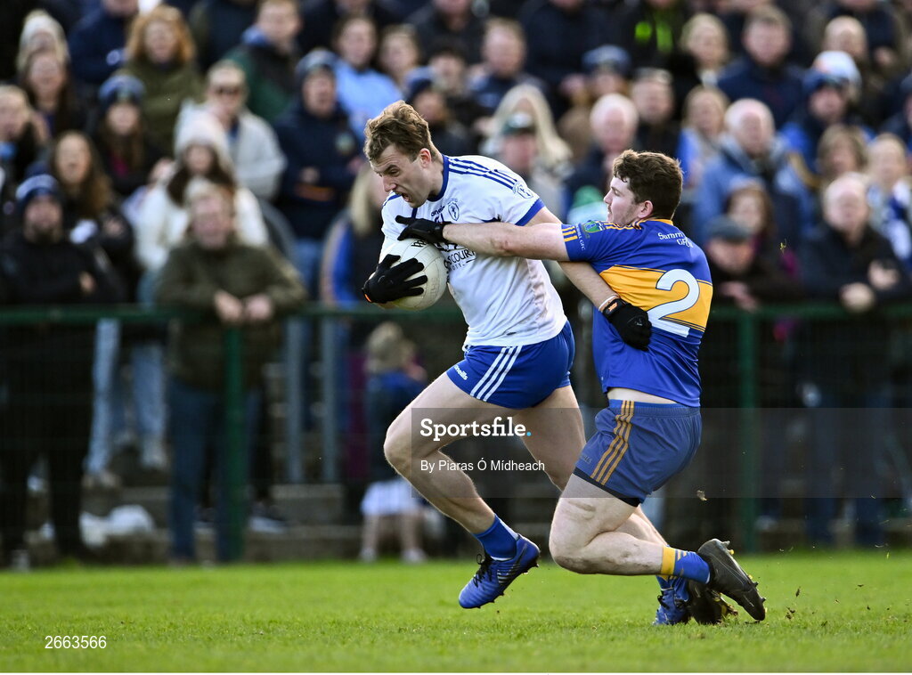 5 November 2023; Darragh Kirwan of Naas in action against Iarla Hughes of Summerhill during the AIB Leinster GAA Football Senior Club Championship quarter-final match between Naas and Summerhill at Manguard Park in Kildare. Photo by Piaras Ó Mídheach/Sportsfile