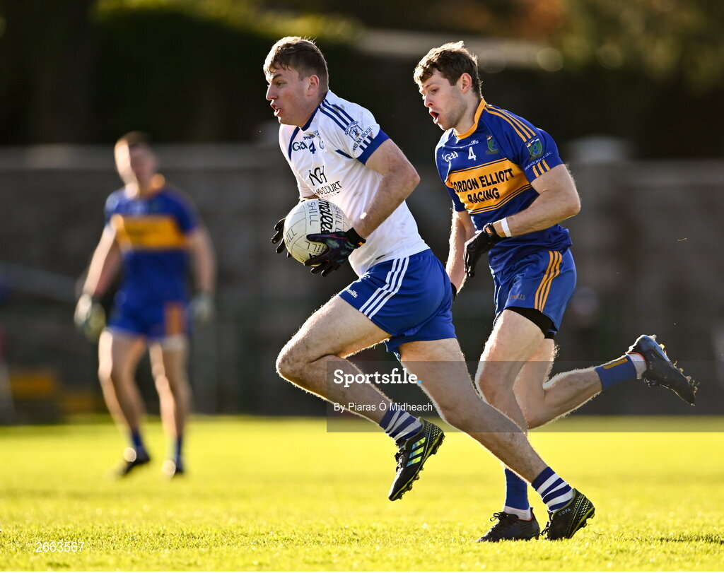5 November 2023; Dermot Hanafin of Naas in action against John Lavelle of Summerhill during the AIB Leinster GAA Football Senior Club Championship quarter-final match between Naas and Summerhill at Manguard Park in Kildare. Photo by Piaras Ó Mídheach/Sportsfile