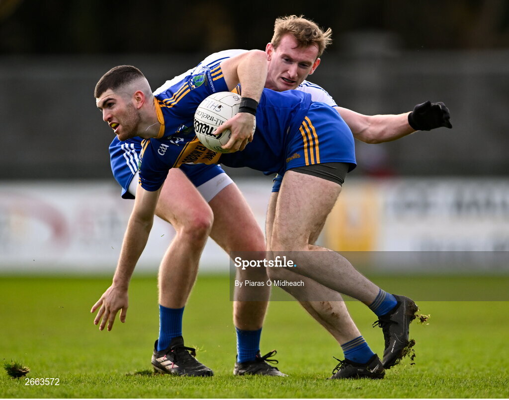 5 November 2023; Conor Frayne of Summerhill in action against James Burke of Naas during the AIB Leinster GAA Football Senior Club Championship quarter-final match between Naas and Summerhill at Manguard Park in Kildare. Photo by Piaras Ó Mídheach/Sportsfile