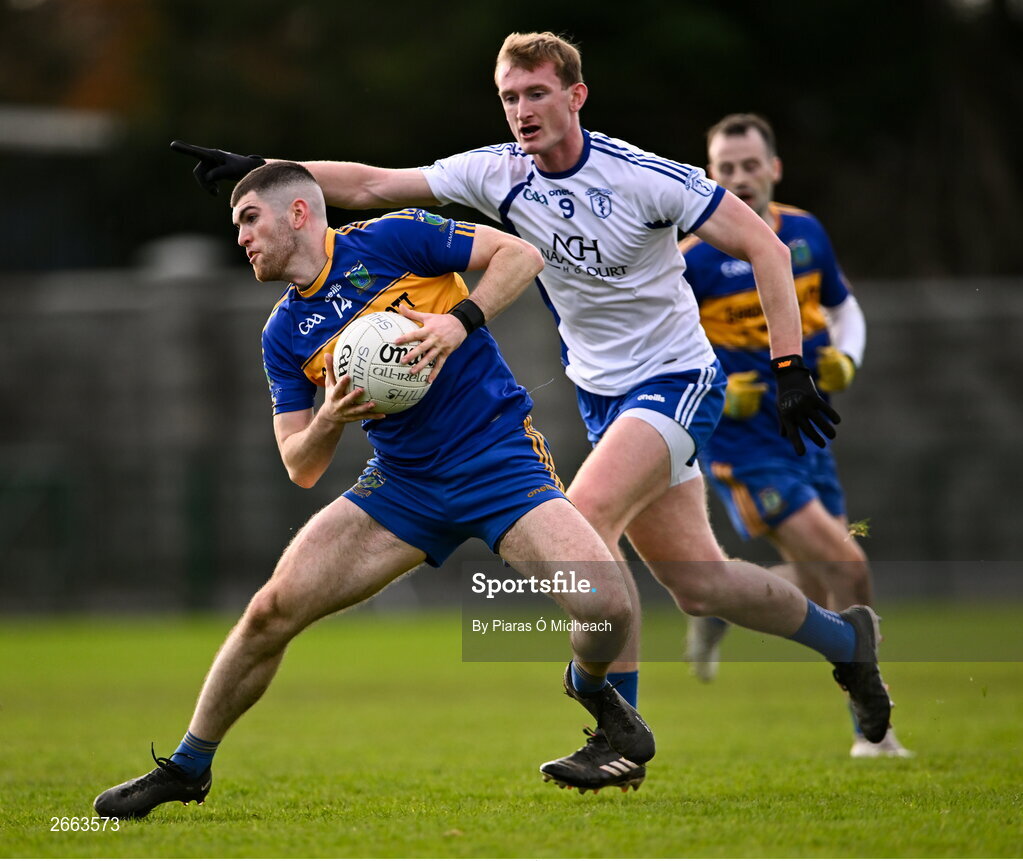 5 November 2023; Conor Frayne of Summerhill in action against James Burke of Naas during the AIB Leinster GAA Football Senior Club Championship quarter-final match between Naas and Summerhill at Manguard Park in Kildare. Photo by Piaras Ó Mídheach/Sportsfile