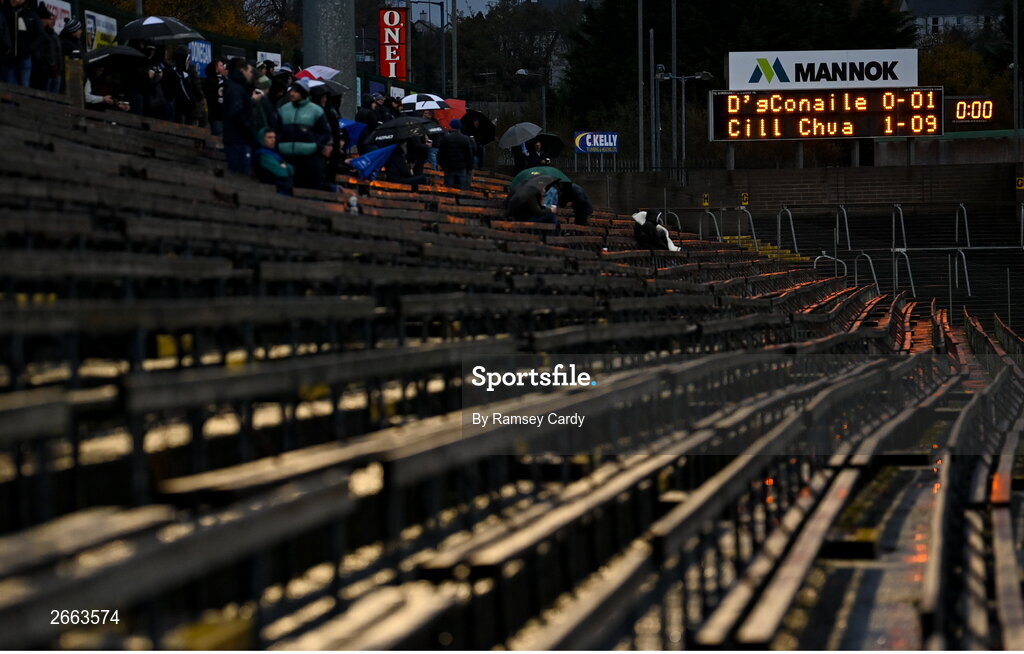 5 November 2023; A general view of the half-time scoreboard during the AIB Ulster GAA Football Senior Club Championship round 1 match between Derrygonnelly Harps of Fermanagh and Kilcoo of Down at Brewster Park in Enniskillen, Fermanagh. Photo by Ramsey Cardy/Sportsfile
