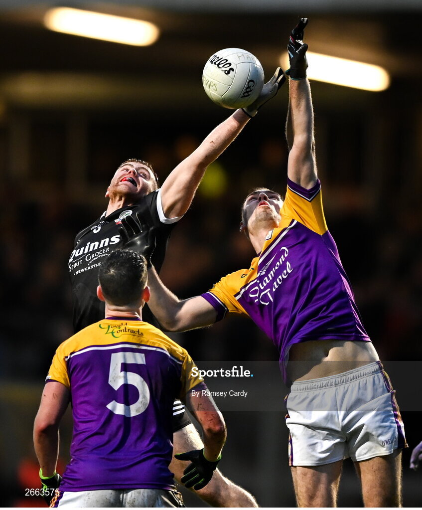 5 November 2023; Aaron Morgan of Kilcoo in action against Conall Jones of Derrygonnelly Harps during the AIB Ulster GAA Football Senior Club Championship round 1 match between Derrygonnelly Harps of Fermanagh and Kilcoo of Down at Brewster Park in Enniskillen, Fermanagh. Photo by Ramsey Cardy/Sportsfile