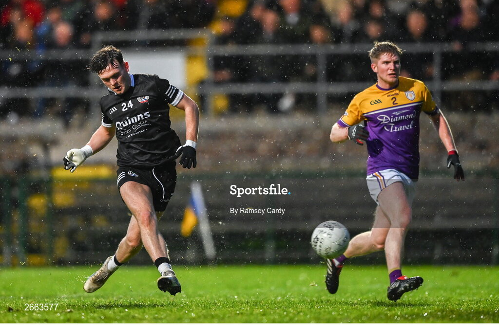 5 November 2023; Sean Og McCusker of Kilcoo shoots at goal during the AIB Ulster GAA Football Senior Club Championship round 1 match between Derrygonnelly Harps of Fermanagh and Kilcoo of Down at Brewster Park in Enniskillen, Fermanagh. Photo by Ramsey Cardy/Sportsfile