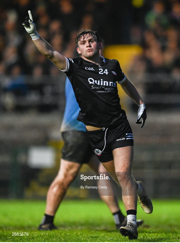 5 November 2023; Sean Og McCusker of Kilcoo celebrates after scoring his side's second goal during the AIB Ulster GAA Football Senior Club Championship round 1 match between Derrygonnelly Harps of Fermanagh and Kilcoo of Down at Brewster Park in Enniskillen, Fermanagh. Photo by Ramsey Cardy/Sportsfile
