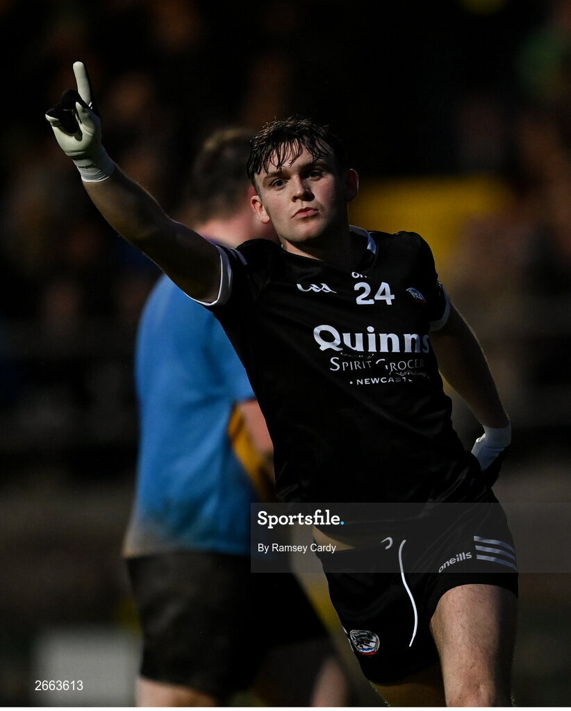 5 November 2023; Sean Og McCusker of Kilcoo celebrates after scoring his side's second goal during the AIB Ulster GAA Football Senior Club Championship round 1 match between Derrygonnelly Harps of Fermanagh and Kilcoo of Down at Brewster Park in Enniskillen, Fermanagh. Photo by Ramsey Cardy/Sportsfile