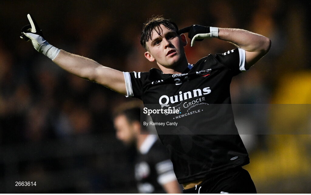 5 November 2023; Sean Og McCusker of Kilcoo celebrates after scoring his side's second goal during the AIB Ulster GAA Football Senior Club Championship round 1 match between Derrygonnelly Harps of Fermanagh and Kilcoo of Down at Brewster Park in Enniskillen, Fermanagh. Photo by Ramsey Cardy/Sportsfile