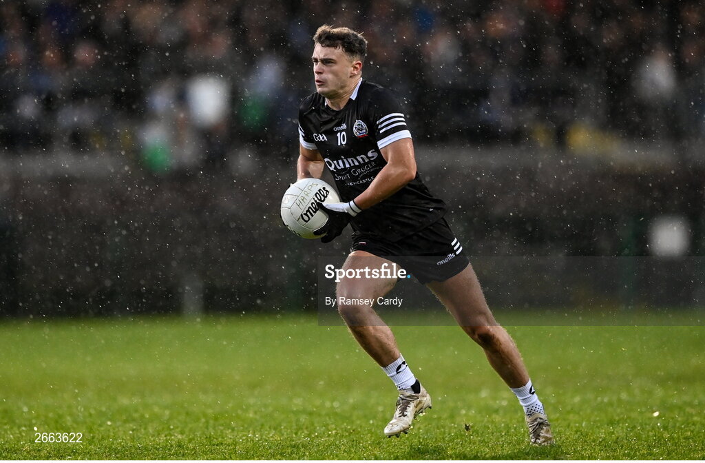 5 November 2023; Shealan Johnston of Kilcoo during the AIB Ulster GAA Football Senior Club Championship round 1 match between Derrygonnelly Harps of Fermanagh and Kilcoo of Down at Brewster Park in Enniskillen, Fermanagh. Photo by Ramsey Cardy/Sportsfile