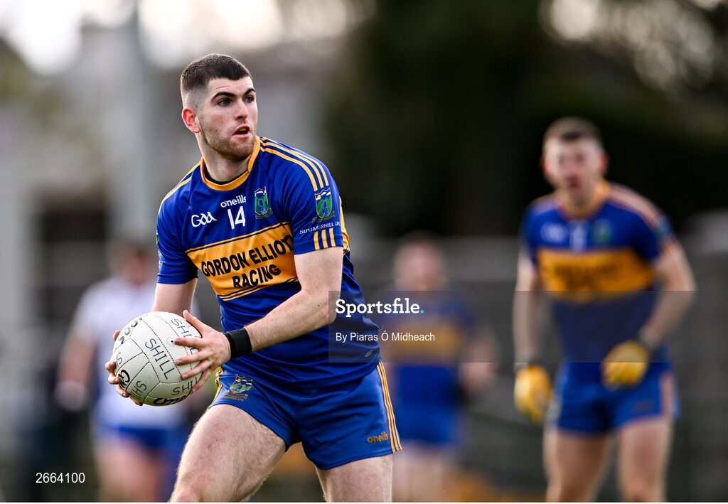 5 November 2023; Conor Frayne of Summerhill in action against James Burke of Naas during the AIB Leinster GAA Football Senior Club Championship quarter-final match between Naas and Summerhill at Manguard Park in Kildare. Photo by Piaras Ó Mídheach/Sportsfile