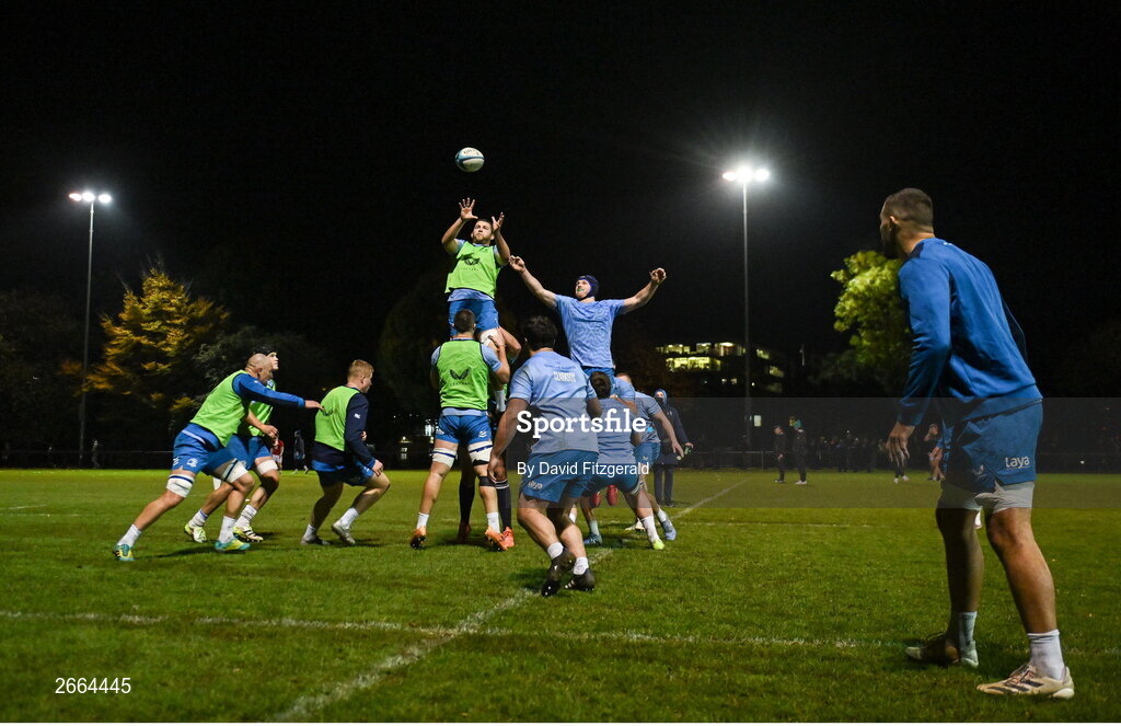 7 November 2023; Ross Molony, left, and Ryan Baird during a Leinster rugby open training session at Dublin University Football Club in Trinity College, Dublin. Photo by David Fitzgerald/Sportsfile
