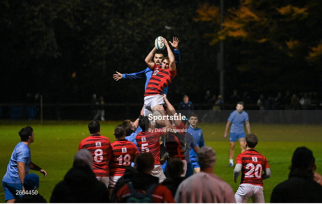 7 November 2023; John Vincin of Dublin University Football Club in action against Max Deegan during a Leinster rugby open training session at Dublin University Football Club in Trinity College, Dublin. Photo by David Fitzgerald/Sportsfile