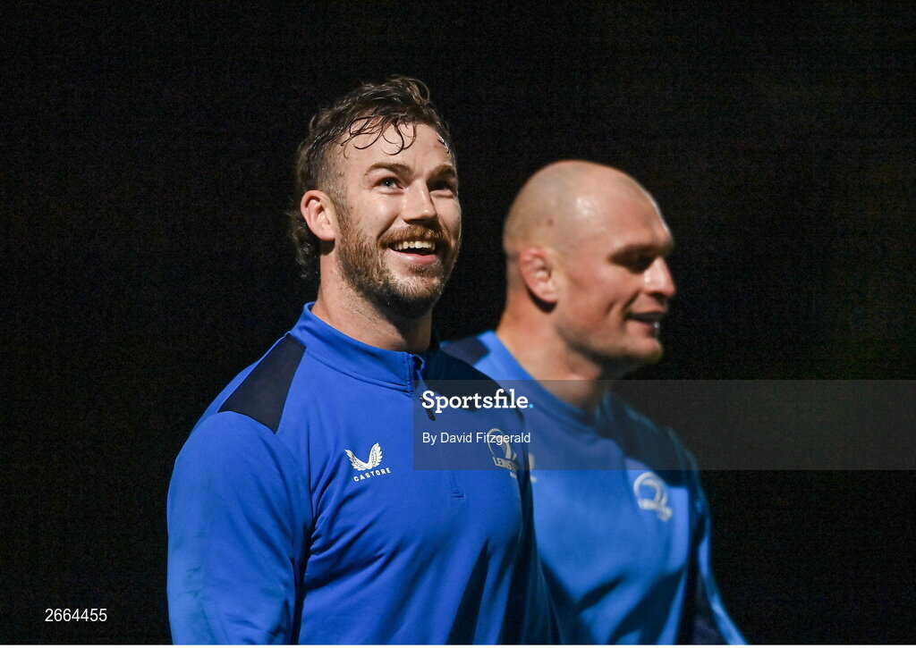 7 November 2023; Caelan Doris, left, and Rhys Ruddock during a Leinster rugby open training session at Dublin University Football Club in Trinity College, Dublin. Photo by David Fitzgerald/Sportsfile