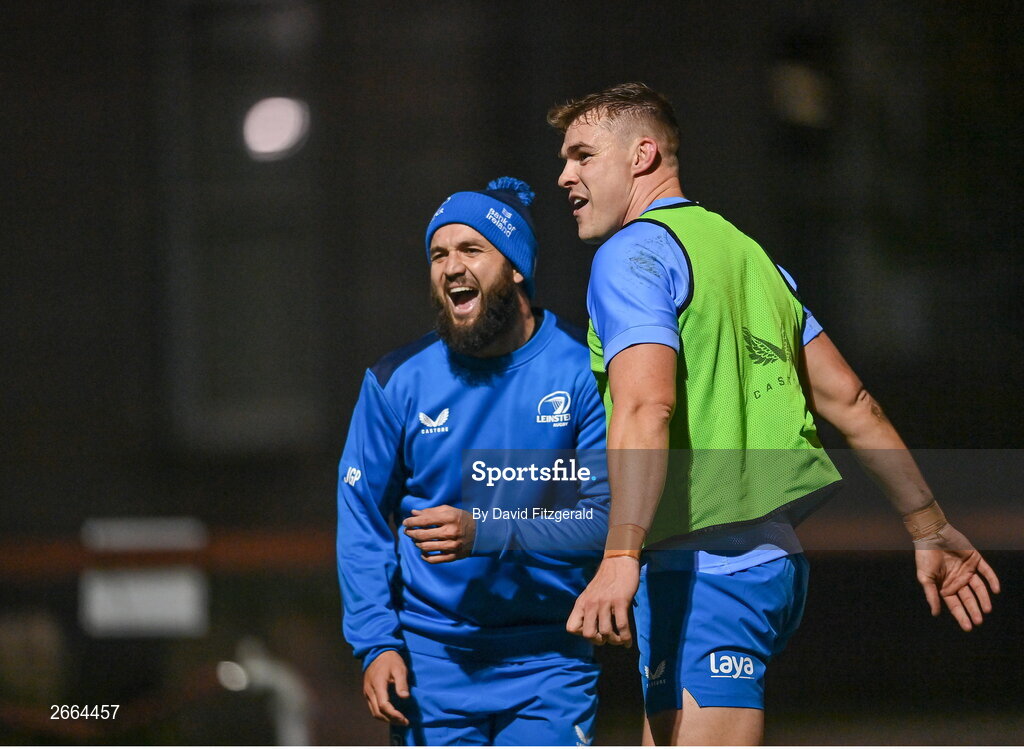 7 November 2023; Jamison Gibson-Park, left, and Garry Ringrose during a Leinster rugby open training session at Dublin University Football Club in Trinity College, Dublin. Photo by David Fitzgerald/Sportsfile