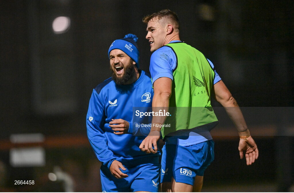 7 November 2023; Jamison Gibson-Park, left, and Garry Ringrose during a Leinster rugby open training session at Dublin University Football Club in Trinity College, Dublin. Photo by David Fitzgerald/Sportsfile