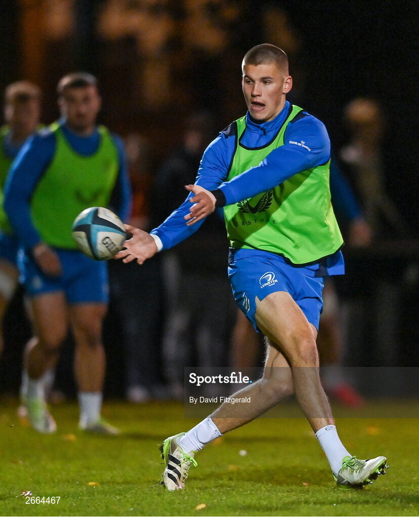 7 November 2023; Sam Prendergast during a Leinster rugby open training session at Dublin University Football Club in Trinity College, Dublin. Photo by David Fitzgerald/Sportsfile