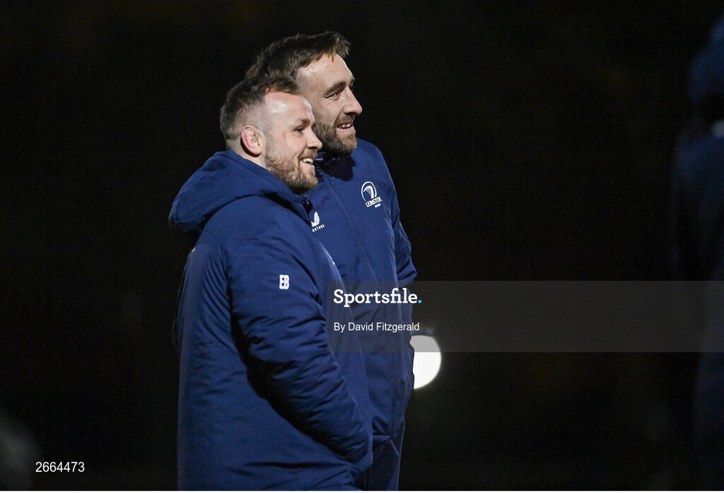 7 November 2023; Jack Conan, right, and Ed Byrne during a Leinster rugby open training session at Dublin University Football Club in Trinity College, Dublin. Photo by David Fitzgerald/Sportsfile