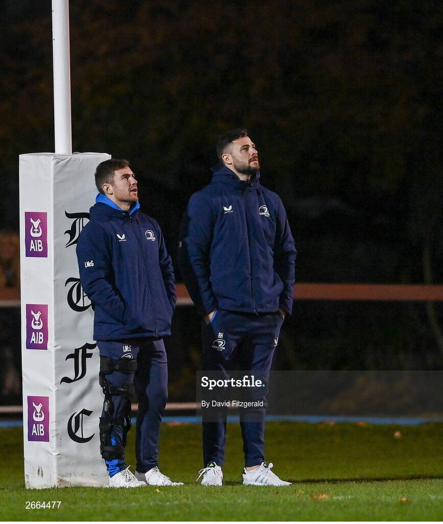 7 November 2023; Luke McGrath, left, and Robbie Henshaw during a Leinster rugby open training session at Dublin University Football Club in Trinity College, Dublin. Photo by David Fitzgerald/Sportsfile